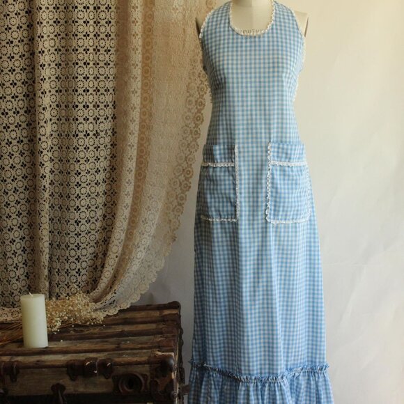 Vintage 1970s Dress with Pockets, Blue Gingham Prairie Maxidress Pinafore - Picture 2 of 10